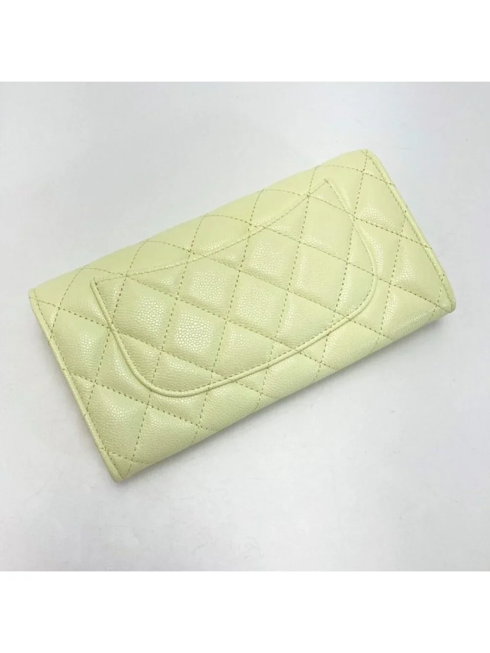 Chanel Quilted Classic Flap Wallet Light Yellow CC Logo Caviar Leather